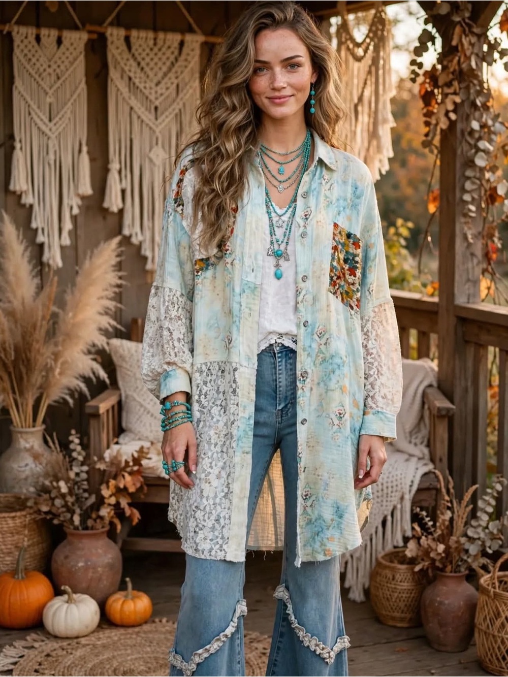 Boho Lace Patchwork Button-Down Tunic in Light Aqua